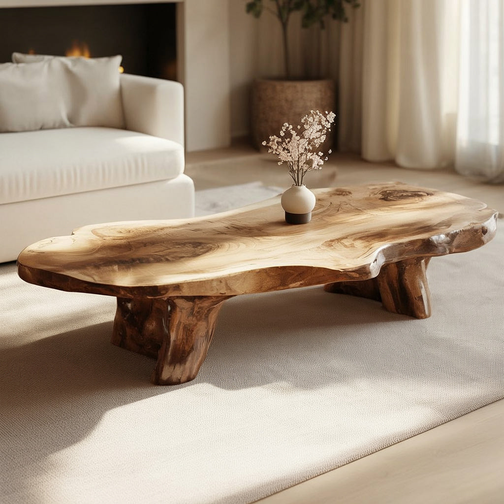 Live edge solid wood coffee table in a modern living room with neutral decor